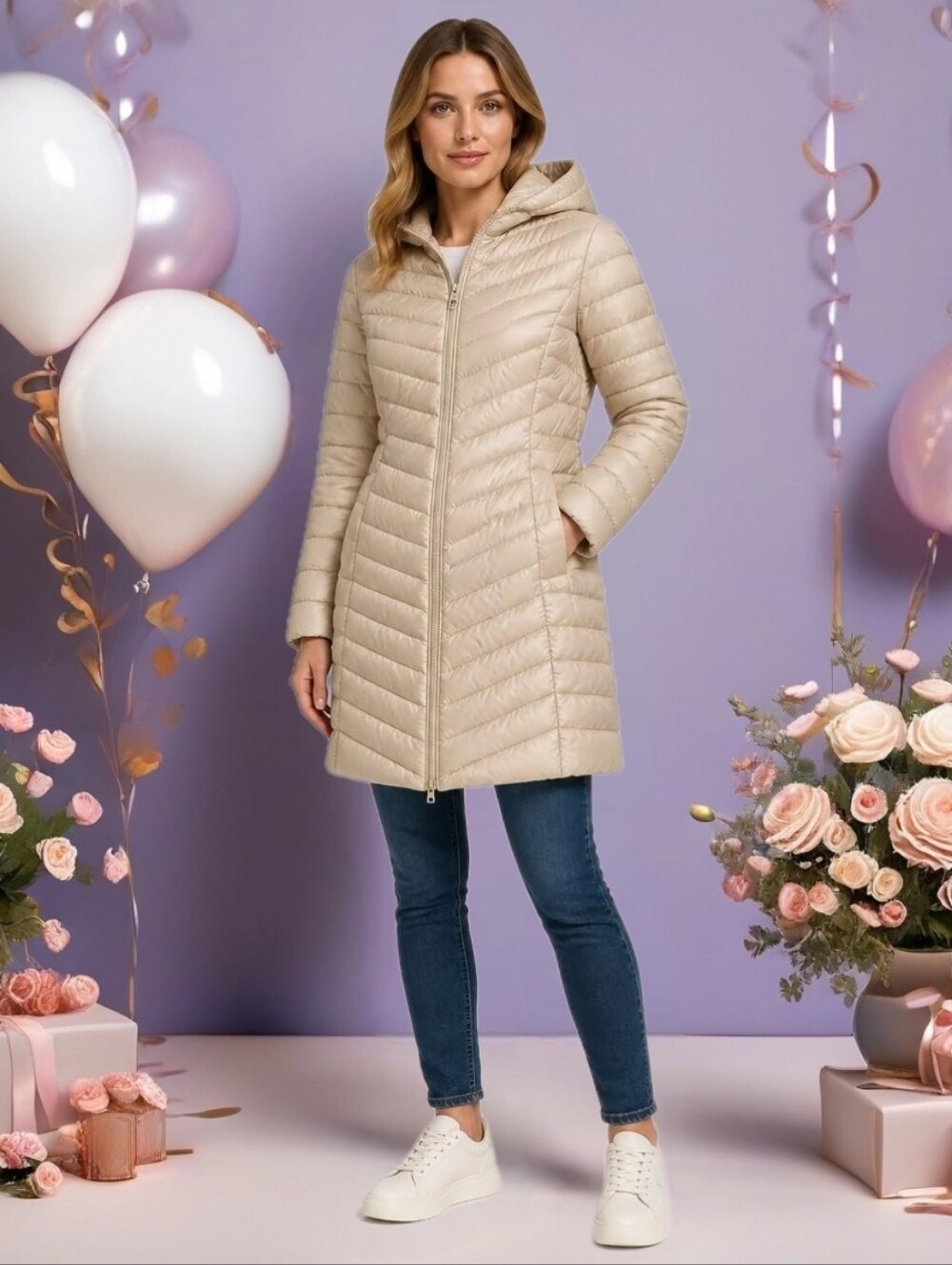 Lands' End water resistant down Quilted Hooded Puffer Coat long M 10-12